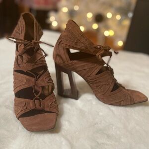 Vic Matie Textured Design Leather Strap Tie Brown Heels